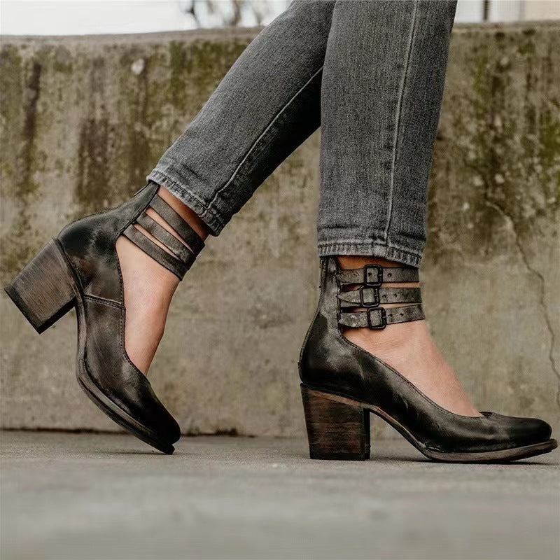 Zipper Chunky Heel High Heel Square Heel Low-Cut Buckle Shoes.