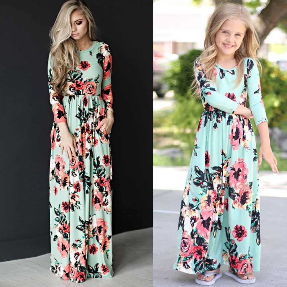 European and American parent-child wear ebay printed mother and daughter dress women's nine-point sleeve long skirt