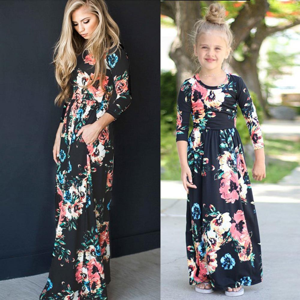 European and American parent-child wear ebay printed mother and daughter dress women's nine-point sleeve long skirt