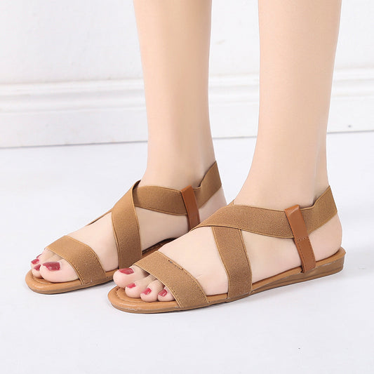 European and American flat fish mouth sandals women's elastic strap Roman sandals