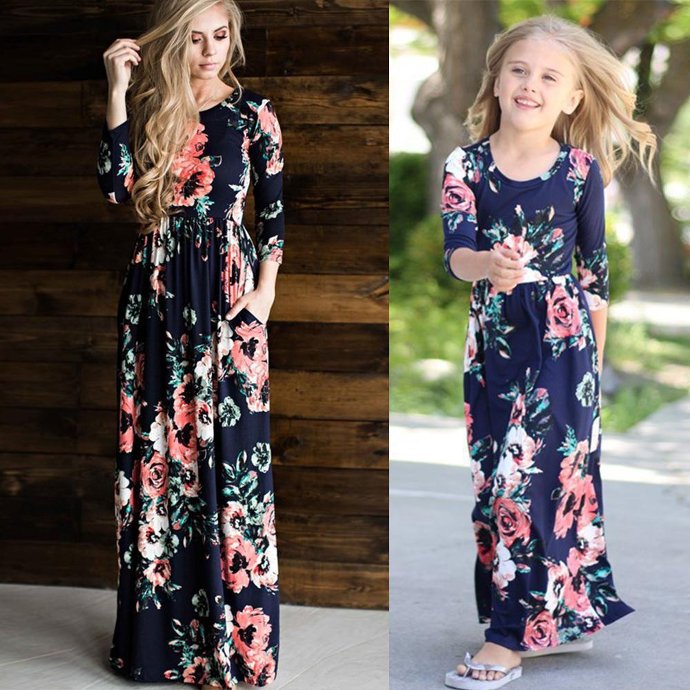 European and American parent-child wear ebay printed mother and daughter dress women's nine-point sleeve long skirt