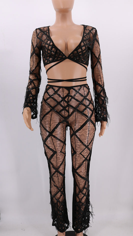 European and American sexy see-through pants women's nightclub lace trousers set