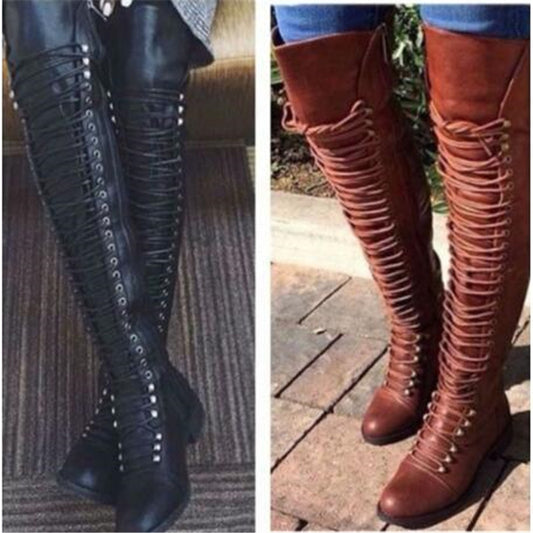 Autumn and winter new European and beautiful boots cross straps over the knee boots knight boots