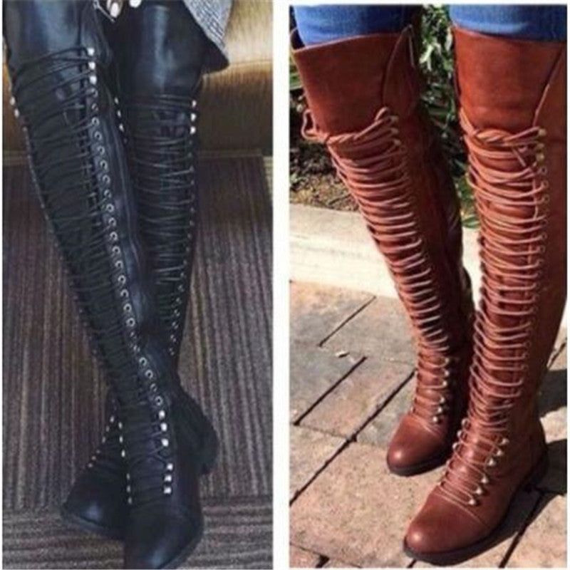 Autumn and winter new European and beautiful boots cross straps over the knee boots knight boots