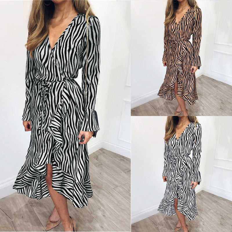 Europe and the United States sexy V-neck chiffon print long-sleeved high waist ladies dress