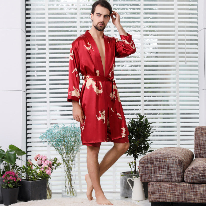 Silk bathrobe two-piece set plus size men's pajamas women's summer thin couple pajamas cross-border hot home wear