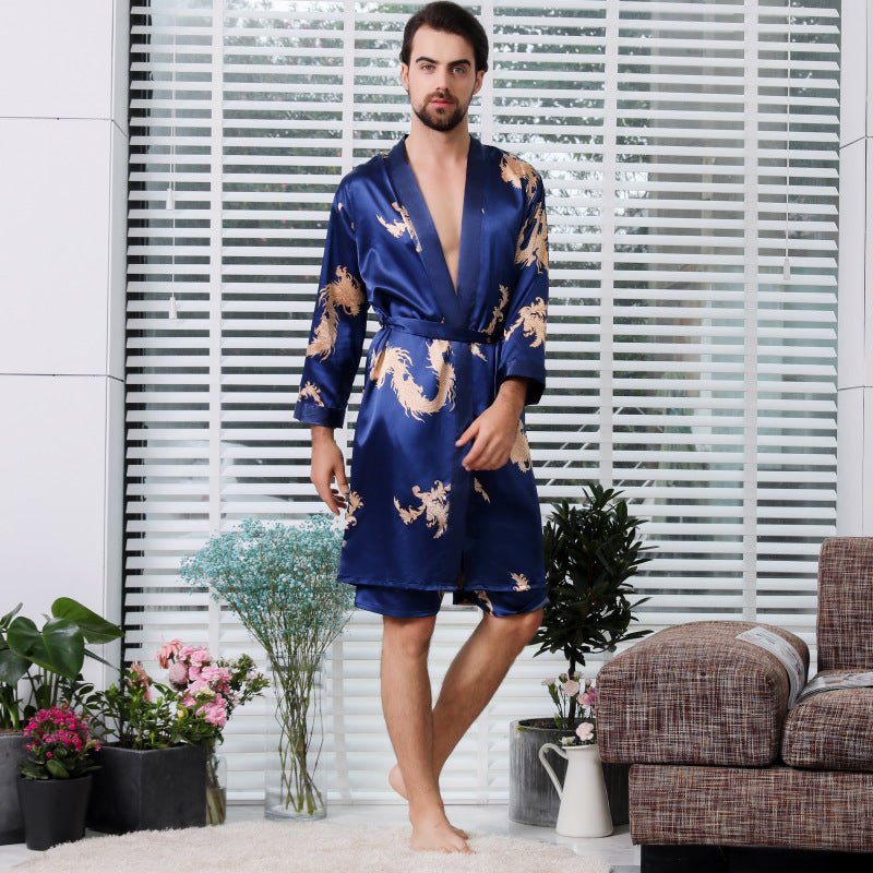 Silk bathrobe two-piece set plus size men's pajamas women's summer thin couple pajamas cross-border hot home wear