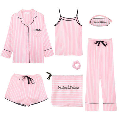 Hot style Korean imitation silk strawberry seven-piece pajamas women's long-sleeved sweet silk home service suit