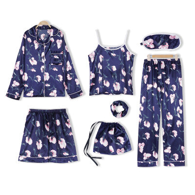 Hot style Korean imitation silk strawberry seven-piece pajamas women's long-sleeved sweet silk home service suit