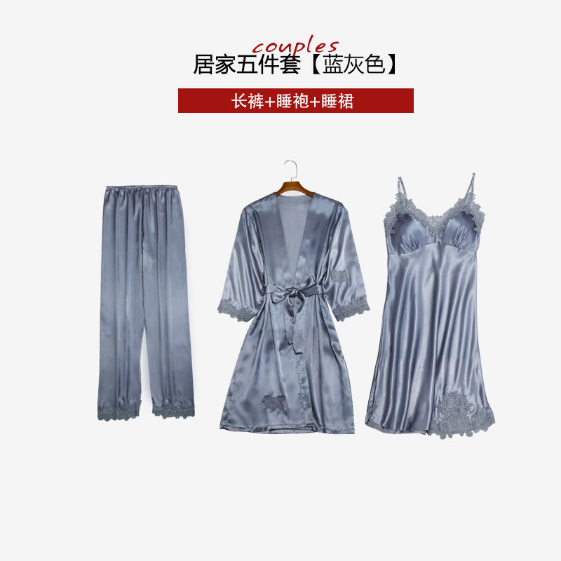 Cross-border pajamas women spring and summer sexy imitation silk five-piece suit with chest pad suspenders nightdress ice silk nightgown home service