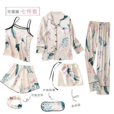 Hot style Korean imitation silk strawberry seven-piece pajamas women's long-sleeved sweet silk home service suit