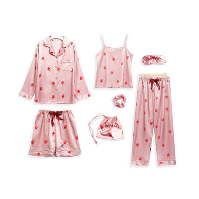 Hot style Korean imitation silk strawberry seven-piece pajamas women's long-sleeved sweet silk home service suit