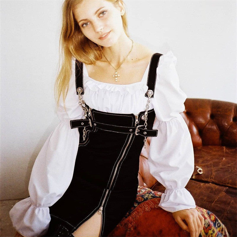 European and American New High Waist Zipper Stitching Chain Denim Suspender Skirt Women