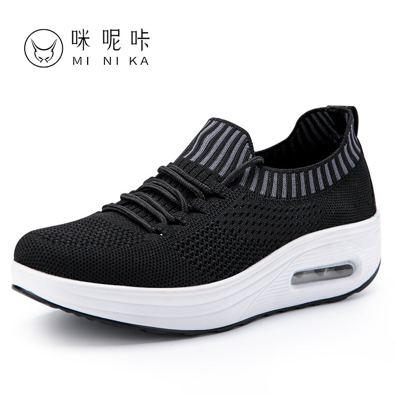 Air cushion thick-soled rocking shoes women's mesh breathable leisure sports flying woven travel shoes