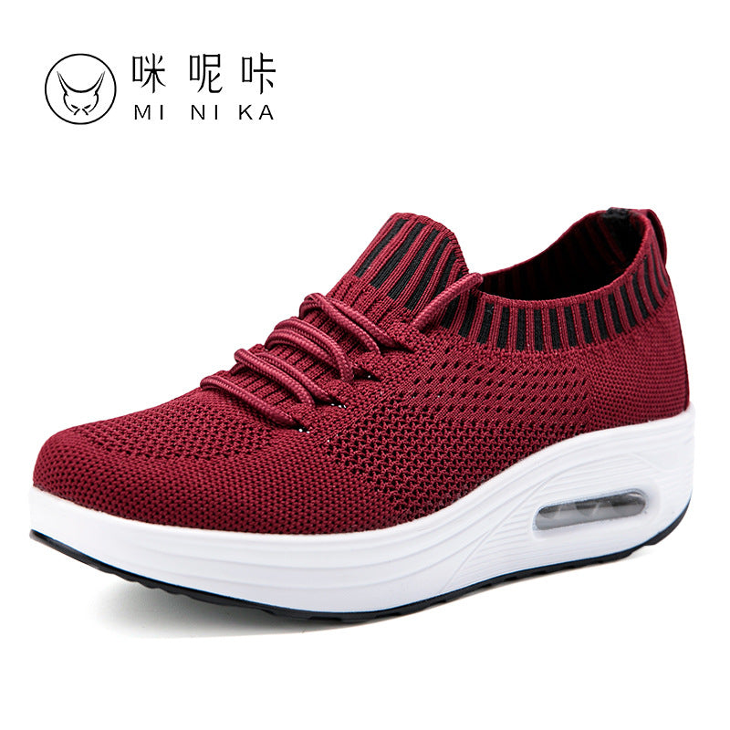 Air cushion thick-soled rocking shoes women's mesh breathable leisure sports flying woven travel shoes