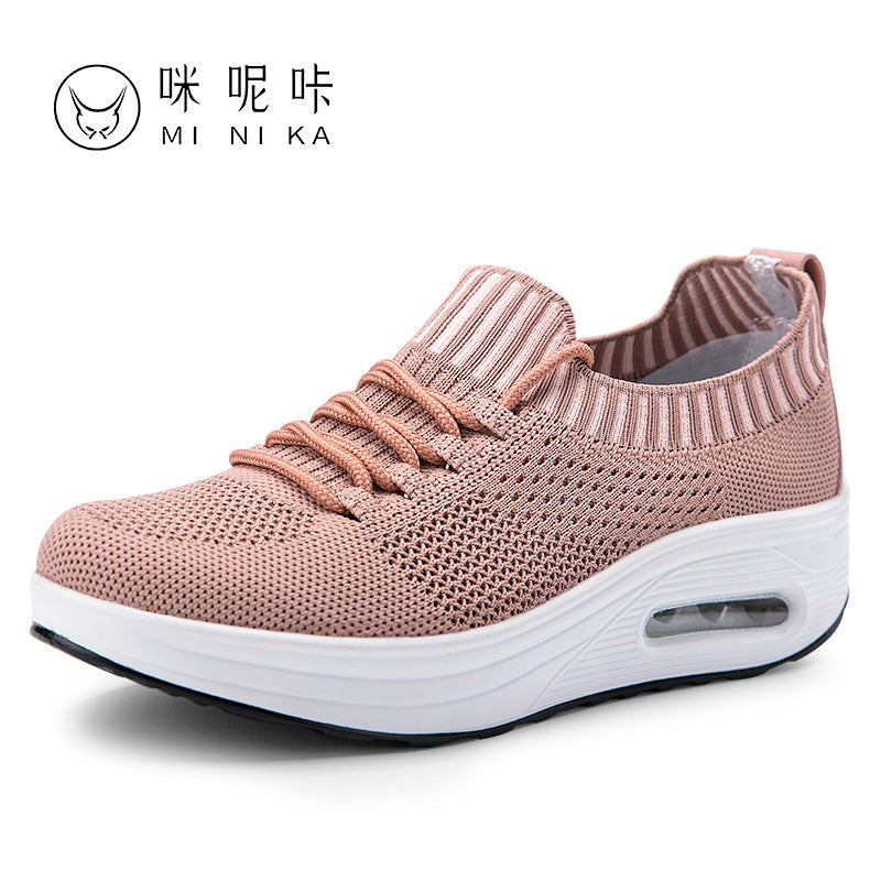 Air cushion thick-soled rocking shoes women's mesh breathable leisure sports flying woven travel shoes