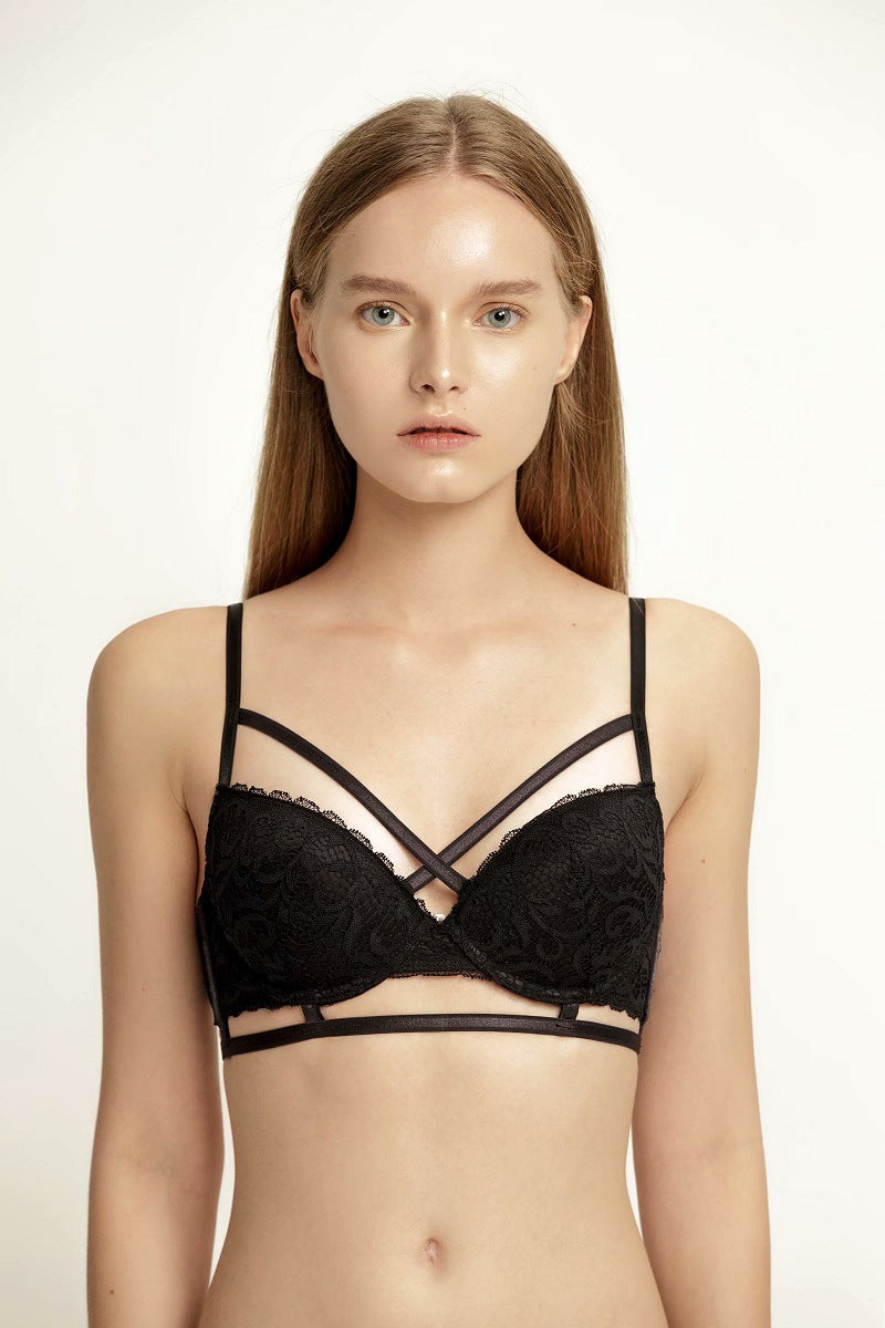 Sexy hollow lace pattern straps gathered bra bra deep V adjustable ladies underwear