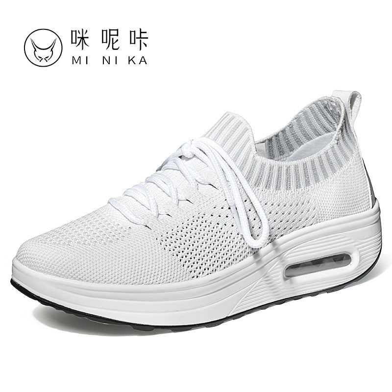 Air cushion thick-soled rocking shoes women's mesh breathable leisure sports flying woven travel shoes