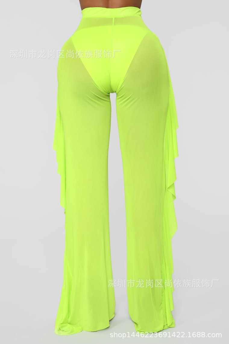 Solid color ruffled sexy mesh see-through trousers