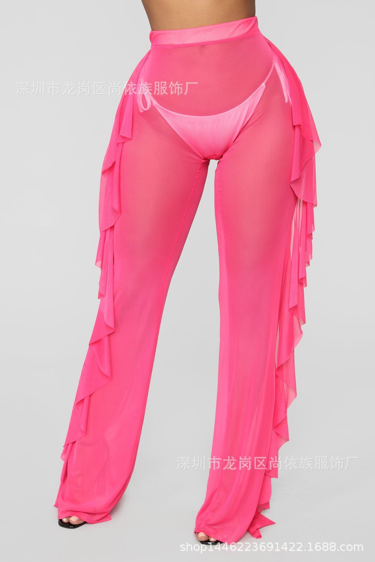 Solid color ruffled sexy mesh see-through trousers