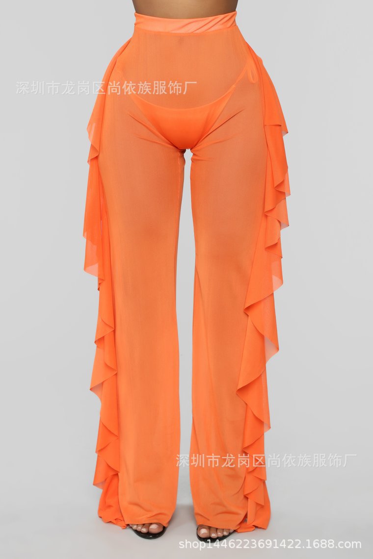 Solid color ruffled sexy mesh see-through trousers