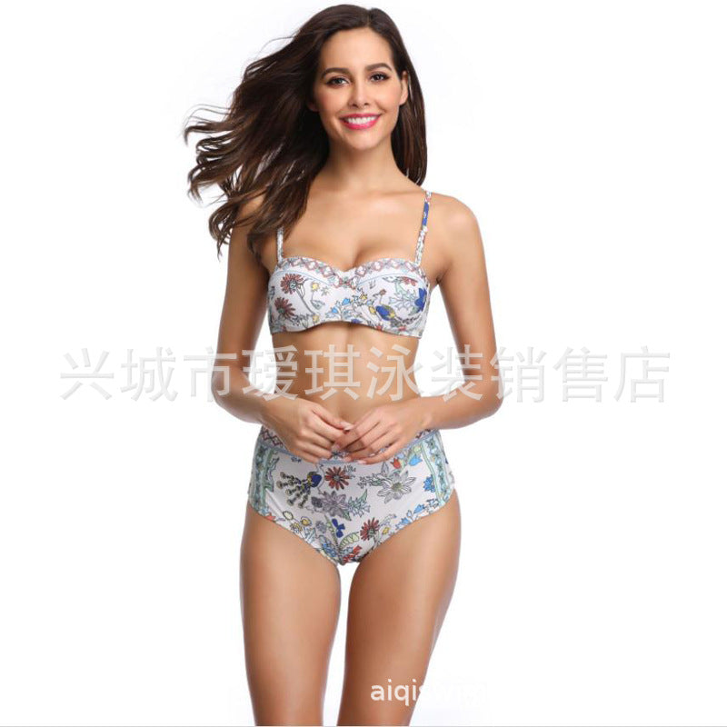 European and American steel ring print gathered bikini swimsuit