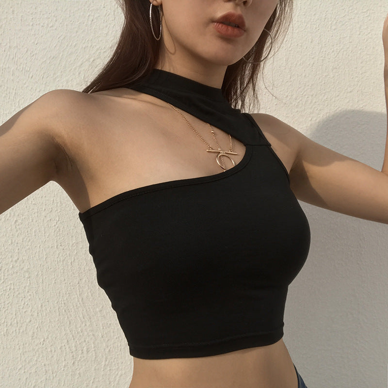 European and American sexy shoulder digging irregular short sports vest bottoming shirt top