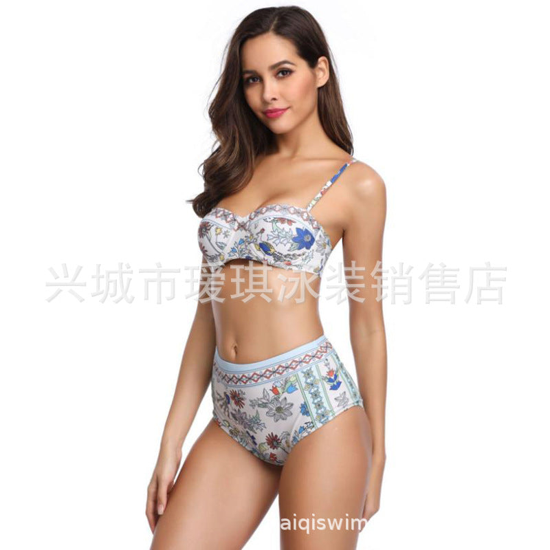 European and American steel ring print gathered bikini swimsuit