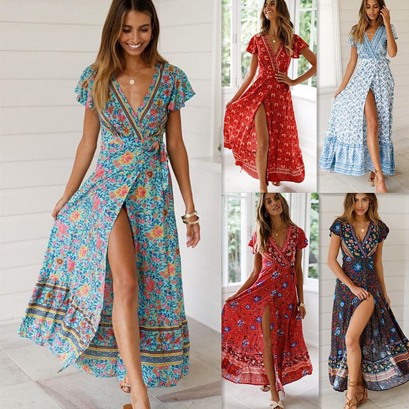 European and American Summer Leisure Hot Sale Holiday Print Dress Sexy Long Skirt