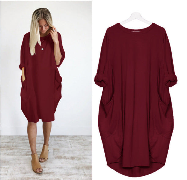 European and American popular casual loose pocket long-sleeved dress