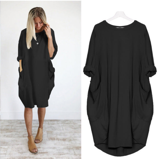 European and American popular casual loose pocket long-sleeved dress