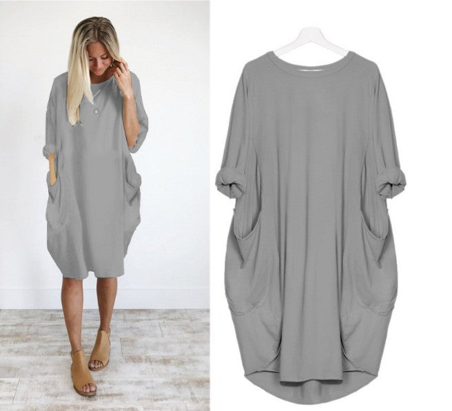 European and American popular casual loose pocket long-sleeved dress