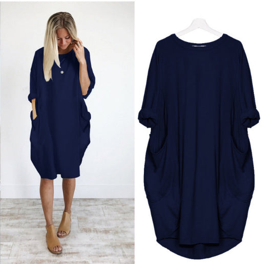 European and American popular casual loose pocket long-sleeved dress