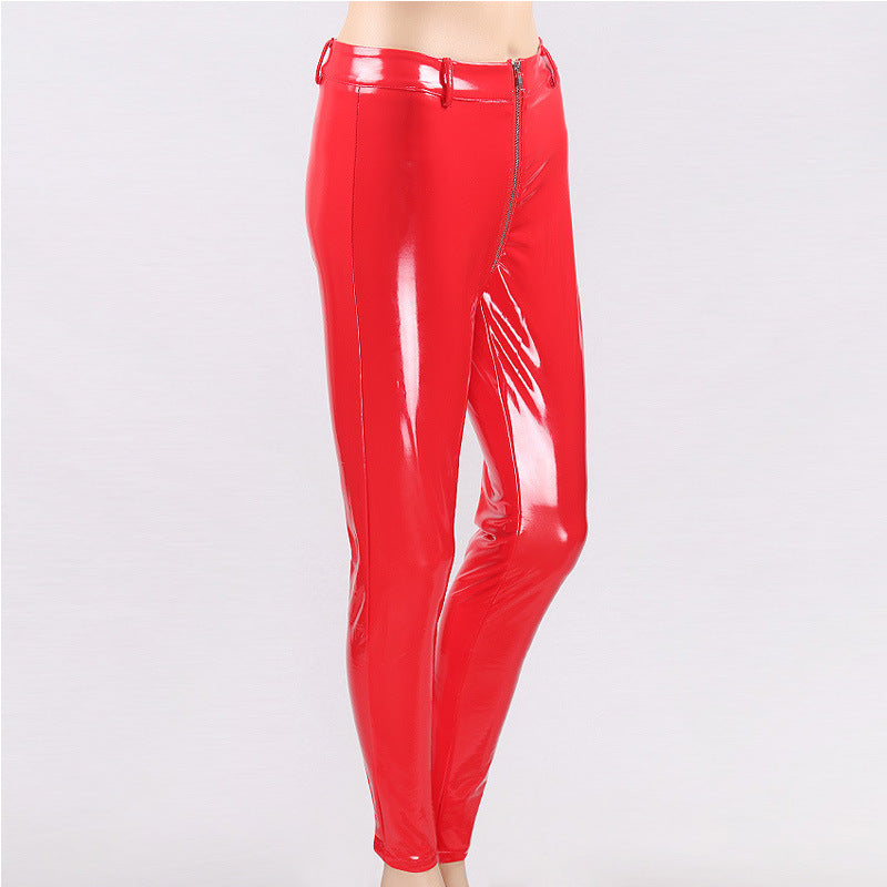 European and American PU leather feet zipper leather pants straight pants dark commuter sexy peach hip pants