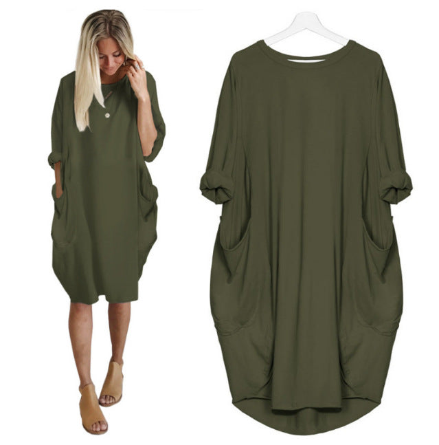 European and American popular casual loose pocket long-sleeved dress