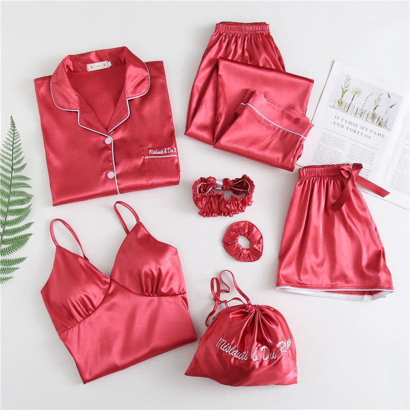 Hot style Korean imitation silk strawberry seven-piece pajamas women's long-sleeved sweet silk home service suit