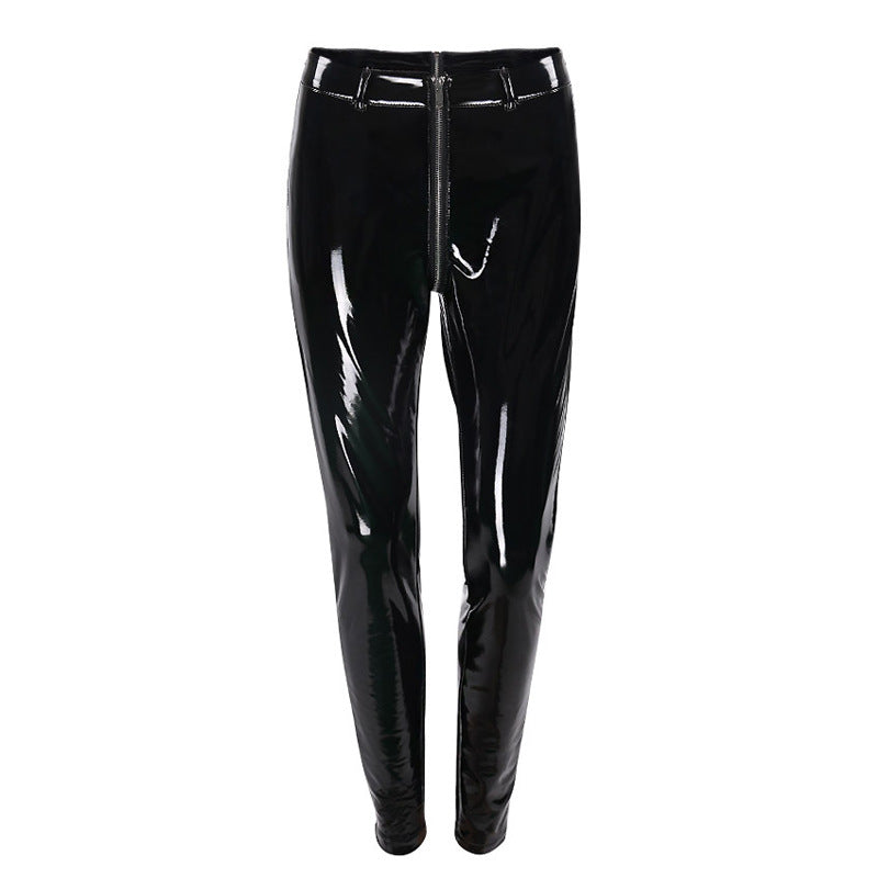 European and American PU leather feet zipper leather pants straight pants dark commuter sexy peach hip pants