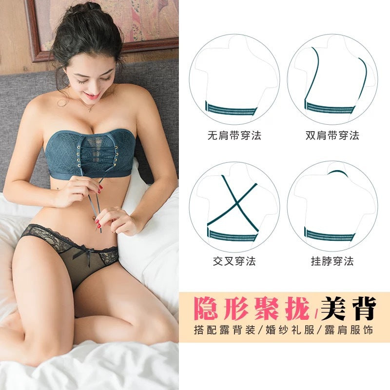 Strapless invisible bra, lace seamless, no steel ring, summer Via underwear, chest patch, straps, beautiful back girl