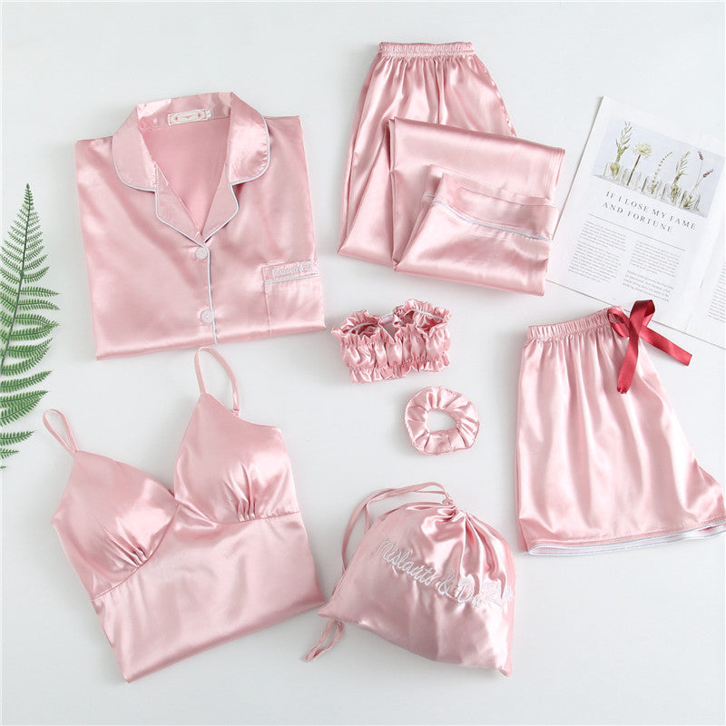 Hot style Korean imitation silk strawberry seven-piece pajamas women's long-sleeved sweet silk home service suit