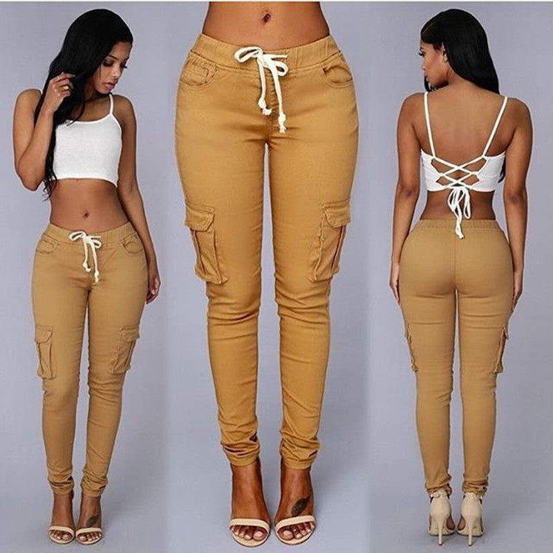 Europe and the United States hot selling women's multi-bag drawstring lacing casual pants