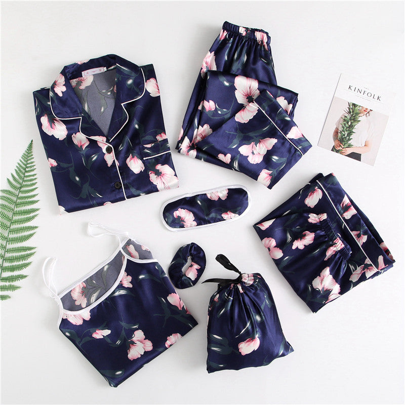 Hot style Korean imitation silk strawberry seven-piece pajamas women's long-sleeved sweet silk home service suit