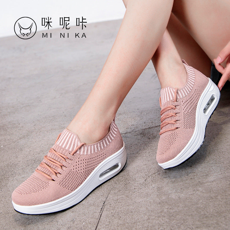 Air cushion thick-soled rocking shoes women's mesh breathable leisure sports flying woven travel shoes