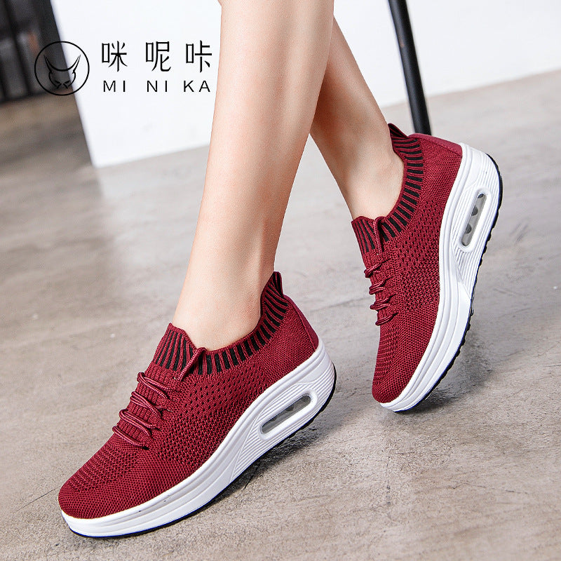 Air cushion thick-soled rocking shoes women's mesh breathable leisure sports flying woven travel shoes