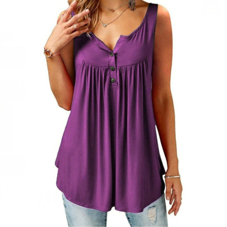 European and American solid color pleated sleeveless women's casual T-shirt mid-length button vest