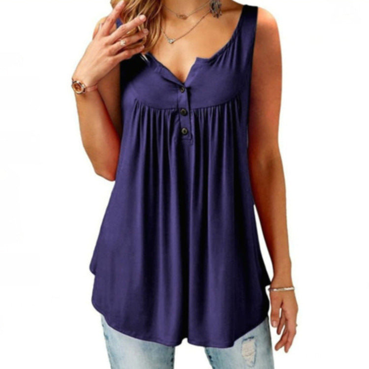 European and American solid color pleated sleeveless women's casual T-shirt mid-length button vest