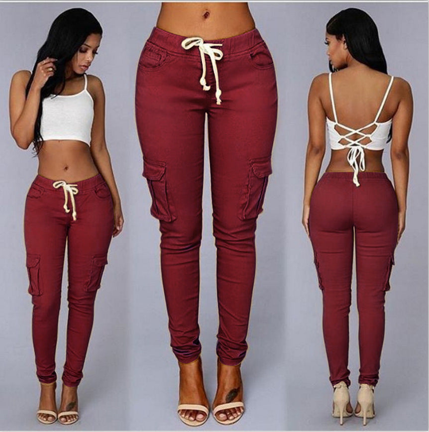 Europe and the United States hot selling women's multi-bag drawstring lacing casual pants