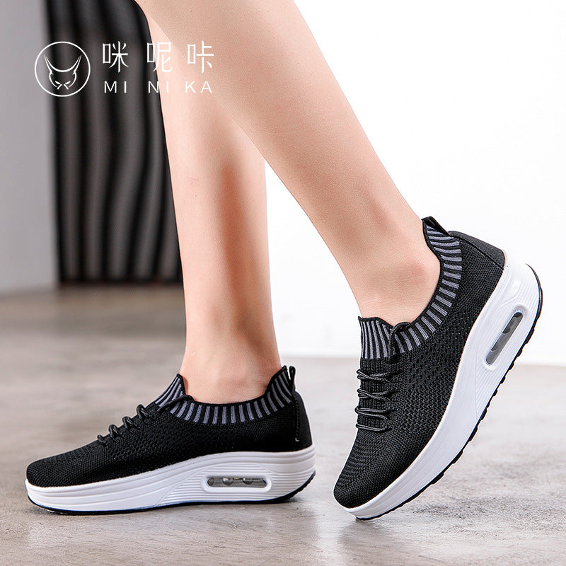 Air cushion thick-soled rocking shoes women's mesh breathable leisure sports flying woven travel shoes