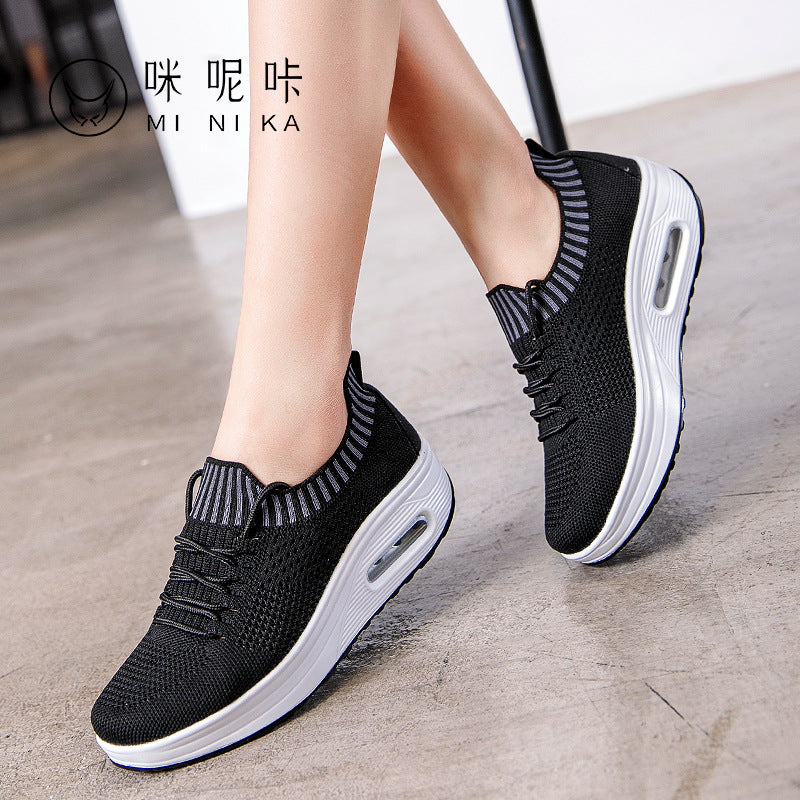 Air cushion thick-soled rocking shoes women's mesh breathable leisure sports flying woven travel shoes