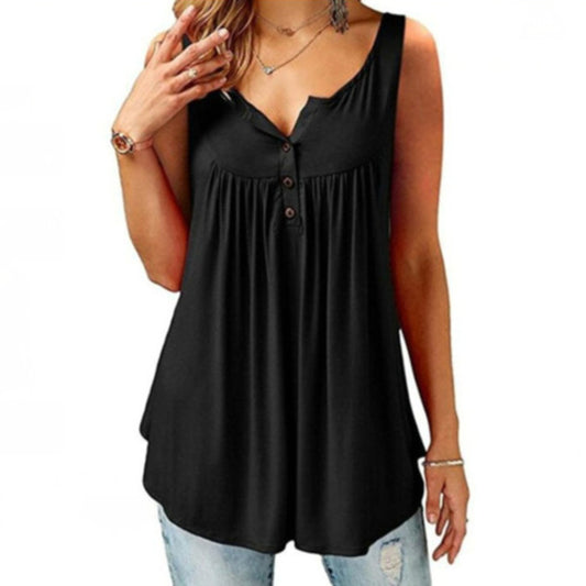 European and American solid color pleated sleeveless women's casual T-shirt mid-length button vest