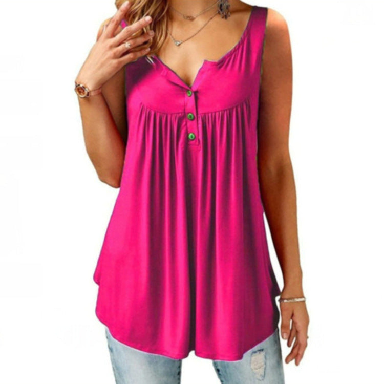 European and American solid color pleated sleeveless women's casual T-shirt mid-length button vest